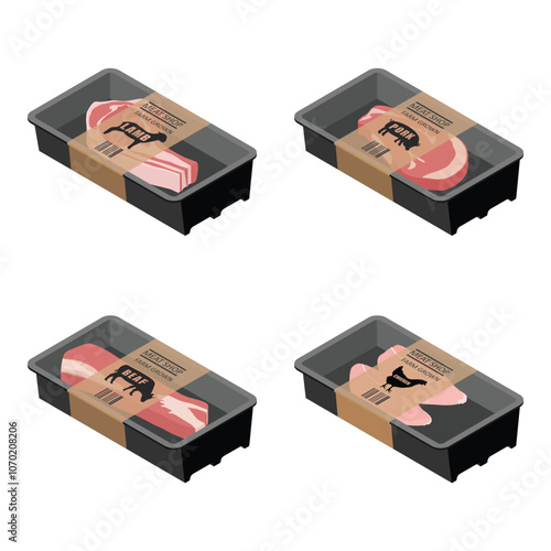 Fresh meat collection. Container with raw chicken breasts fillet, beef, pork and lamb meat