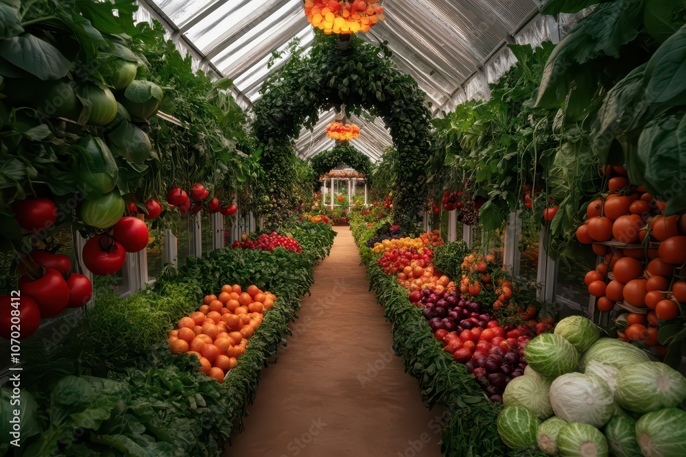 Vibrant greenhouse brimming with organic vegetables and lush greenery, showcasing sustainable gardening practices. Vibrant greenhouse brimming with organic vegetables and lush greenery, showcasing sustainable gardening practices.