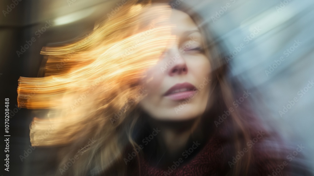 A woman with flowing hair embraces movement in an urban setting during a vibrant sunset hour, reflecting motion and emotion A woman with flowing hair embraces movement in an urban setting during a vibrant sunset hour, reflecting motion and emotion