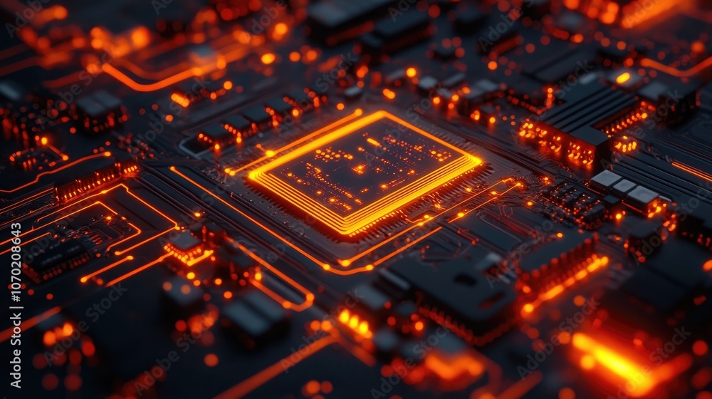 Advanced Circuit Board with Glowing Orange Lights: A Symbol of High-Performance Computing, Digital Processing, and Innovation in the Electronics Industry Advanced Circuit Board with Glowing Orange Lights: A Symbol of High-Performance Computing, Digital Processing, and Innovation in the Electronics Industry