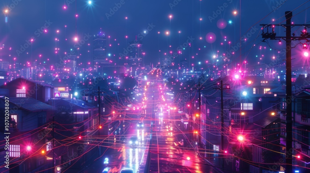 A vibrant image of a smart city connected through wireless communication networks, where IoT devices, sensors, and mobile phones exchange data without physical cables A vibrant image of a smart city connected through wireless communication networks, where IoT devices, sensors, and mobile phones exchange data without physical cables