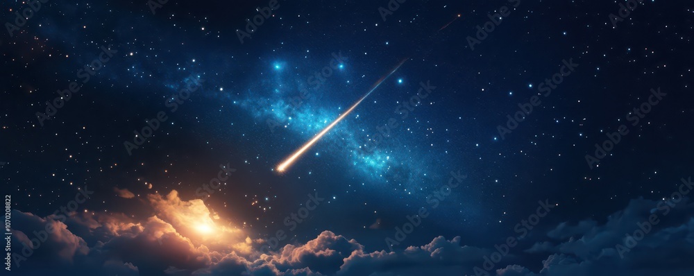 Naklejka premium Enchanting starry sky with a shooting star, inviting you to make a wish under the cosmic beauty.
