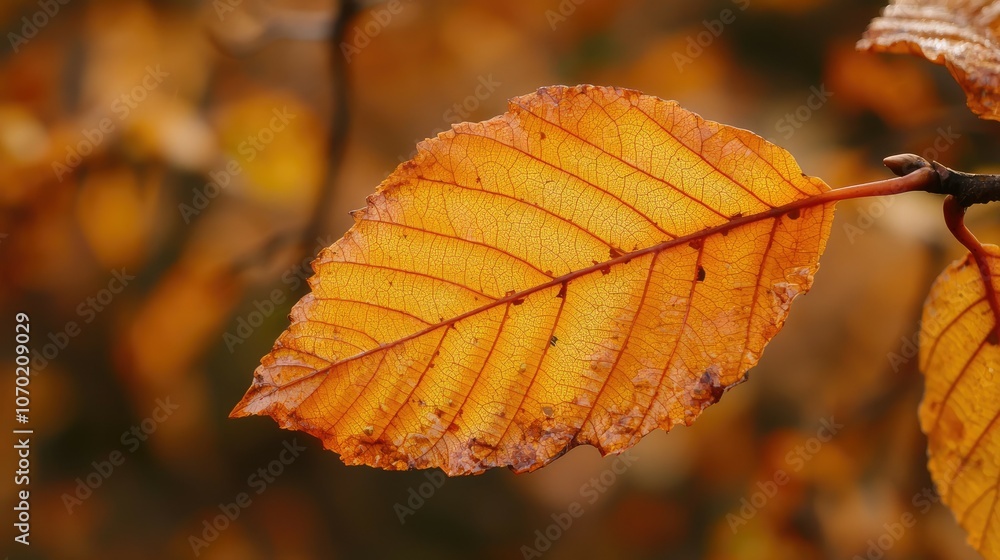 A single, orange leaf on a branch with blurred background. A single, orange leaf on a branch with blurred background.