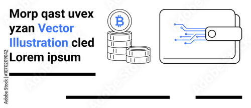 Cryptocurrency wallet with circuit design next to bitcoin coins, blue accents. Ideal for financial services, fintech, digital marketing, technology blogs, educational content, business presentations
