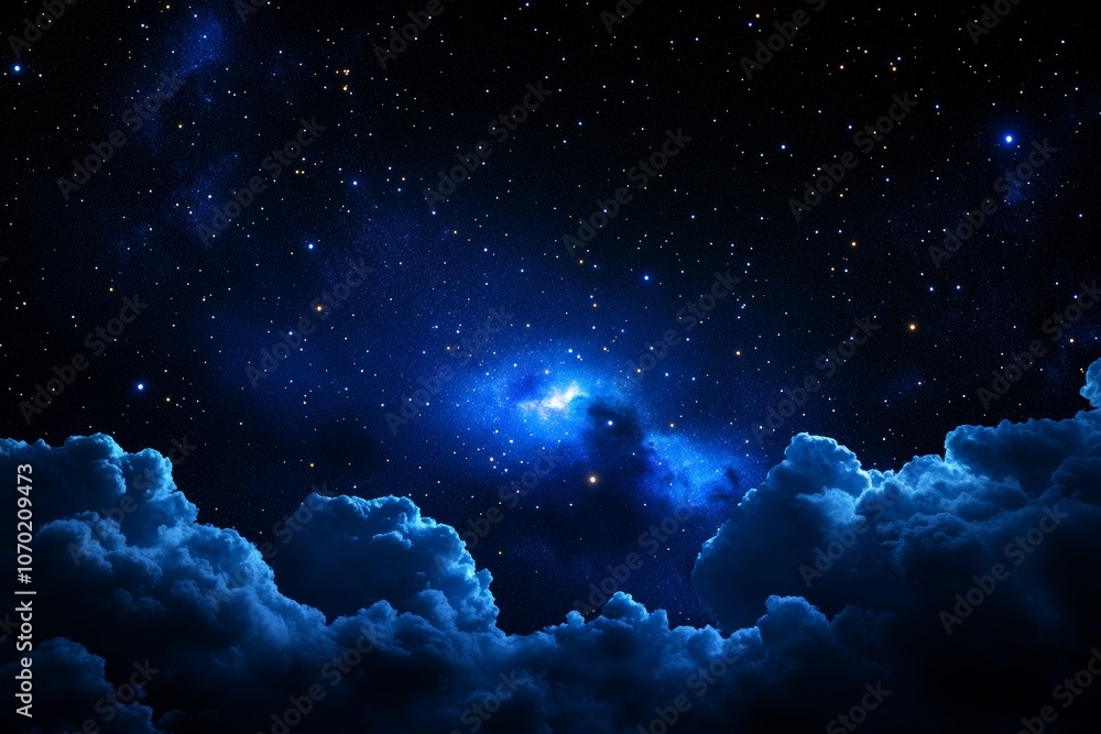 Obraz premium Starry Night Sky with Deep Blue Clouds and Distant Stars