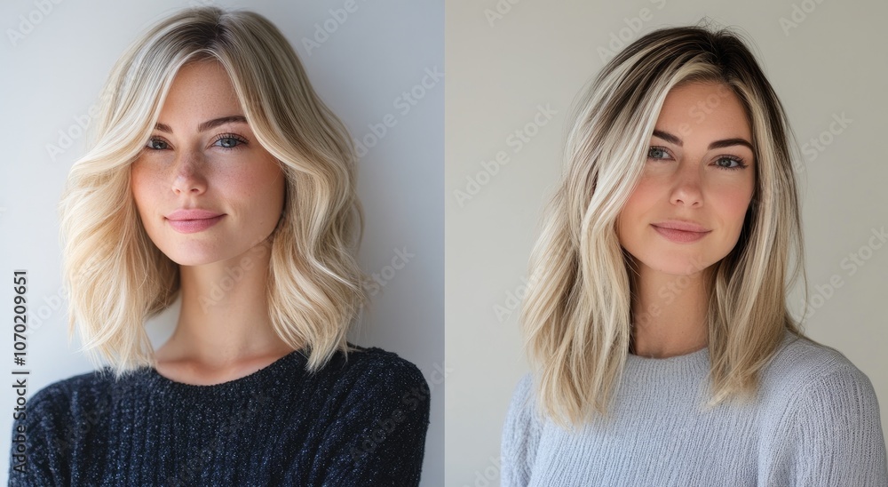 A side-by-side photo of the same woman showcasing her natural beauty and a trendy haircut for long to medium hair A side-by-side photo of the same woman showcasing her natural beauty and a trendy haircut for long to medium hair