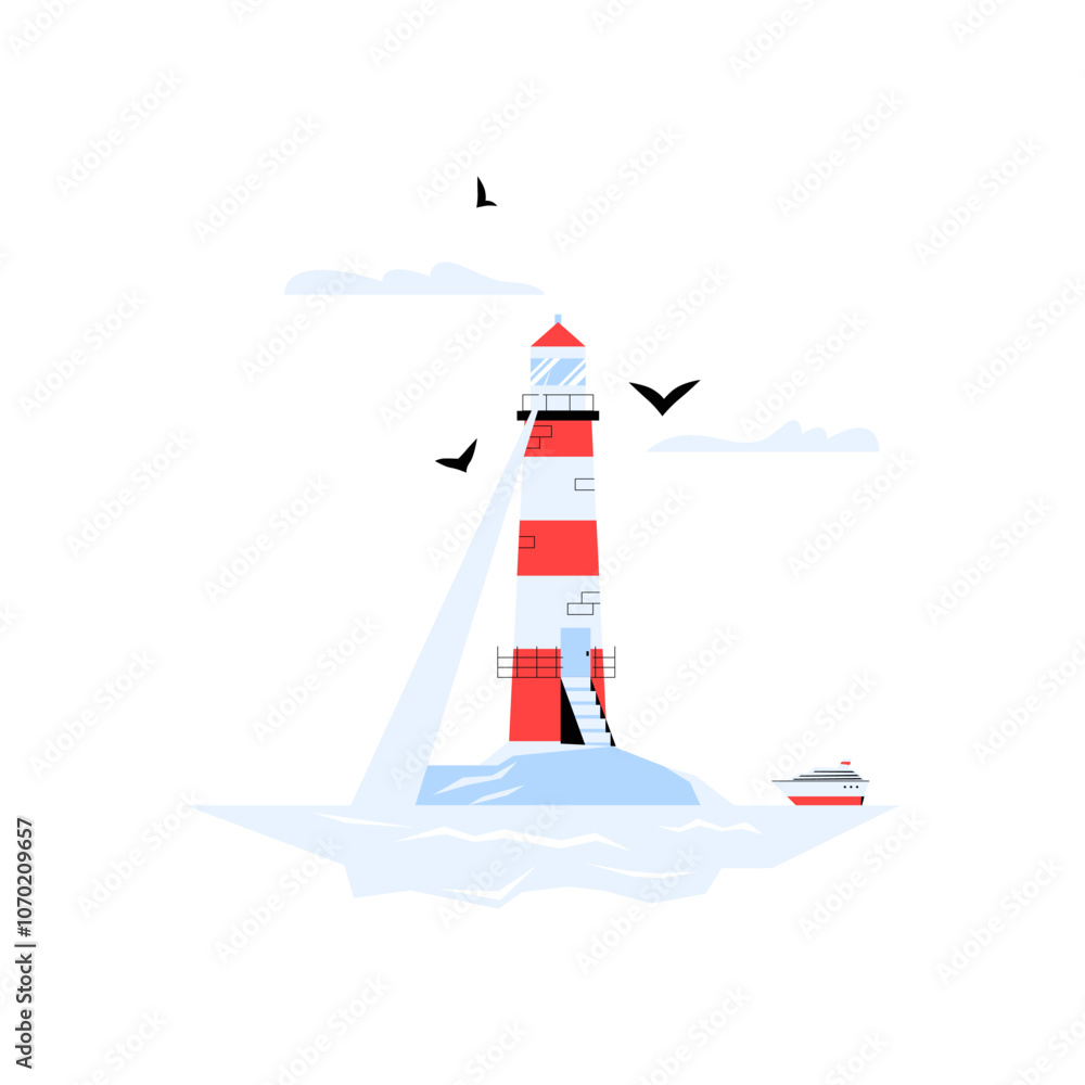 Lighthouse With Light Beams And Birds In Flat Vector Illustration Symbolizing Navigation, Safety, And Coastal Guidance, Isolated On White Background Lighthouse With Light Beams And Birds In Flat Vector Illustration Symbolizing Navigation, Safety, And Coastal Guidance, Isolated On White Background