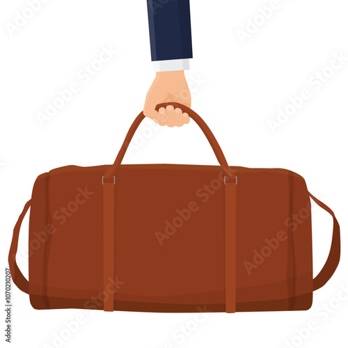 Businessman hand hold brown leather duffel bag travel case
