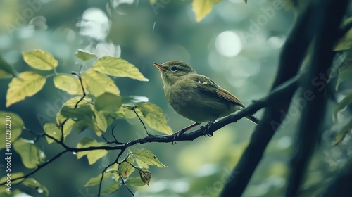 A small green bird perches on a branch in a lush forest, with green leaves and a bokeh background.