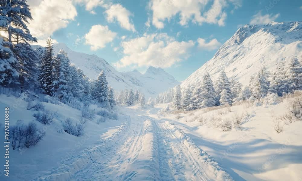 Snow-covered trail winding through a mountain valley, pristine winter wilderness Snow-covered trail winding through a mountain valley, pristine winter wilderness