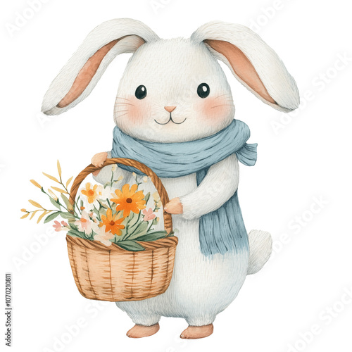 a clipart of cute Easter English Lop, holding a basket of Easter Day flower, watercolor style, isolated 