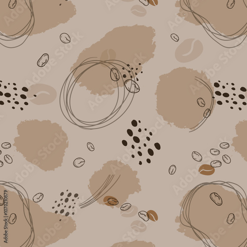 Vector seamless pattern with hand drawn coffee beans isolated on white background. Stamp coffee seeds, stains & texture. Perfect for packaging paper, package design, banners etc.