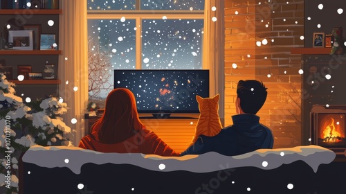 Back view of couple sitting on sofa watcing television in their house. Ginger cat watches snow falling from window. Cosy interior design with fireplace and tv screen. Flat design vector illustration. photo