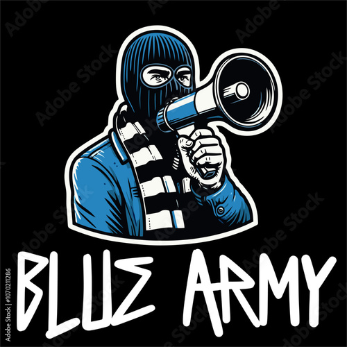 Illustrator vector sticker of Football Supporter Hold Megaphone style Ultras Hooligan Blue Army