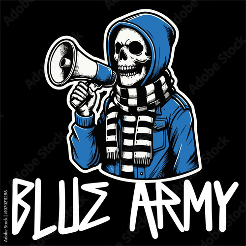 Illustrator Vector sticker of Football fans Skull man hold megaphone with Ultras Hooligan blue army style