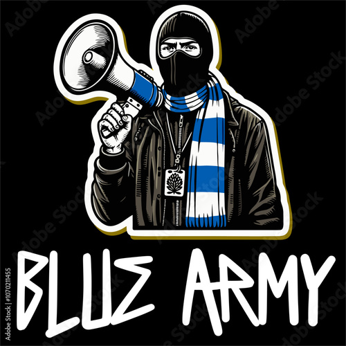 Illustrator vector sticker of Football Supporter Hold Megaphone style Ultras Hooligan Blue Army