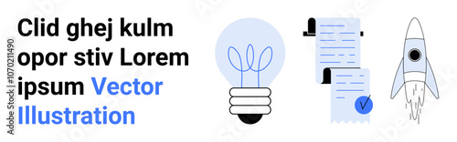 Light bulb, document with check mark, and rocket elements. Ideal for business strategy, project management, startups, innovation, brainstorming, presentations, and marketing. Landing page