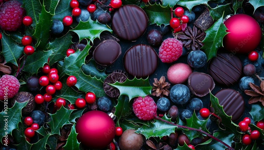 Variety of chocolate bonbons and holiday cookies in different hues, paired with lush green holly and vibrant red berries for a cozy feel. Variety of chocolate bonbons and holiday cookies in different hues, paired with lush green holly and vibrant red berries for a cozy feel.