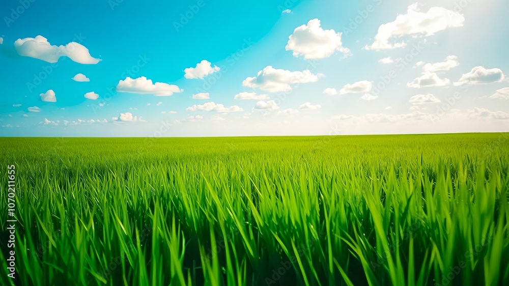 Obraz premium A grassy field extending to a horizon of blue sky and puffy clouds, inviting a sense of tranquility and boundless possibilities.