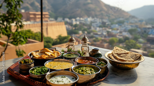 Thali platter with multiple dishes, set on a traditional table in Jaipur, with views of the Amber Fort in the background