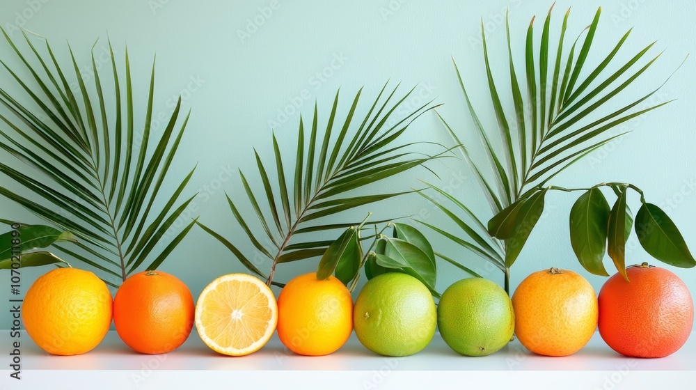 Vibrant tropical fruit display, combining palm fronds and a natural, minimalist backdrop. Vibrant tropical fruit display, combining palm fronds and a natural, minimalist backdrop.