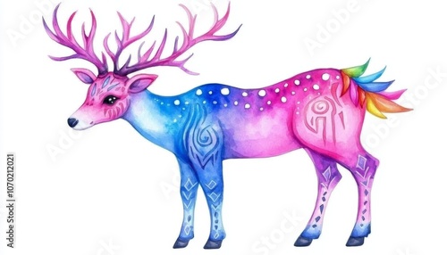 Watercolor animal with rainbow-gradient antlers, decorated with sharp tribal shapes and elegant swirls. photo