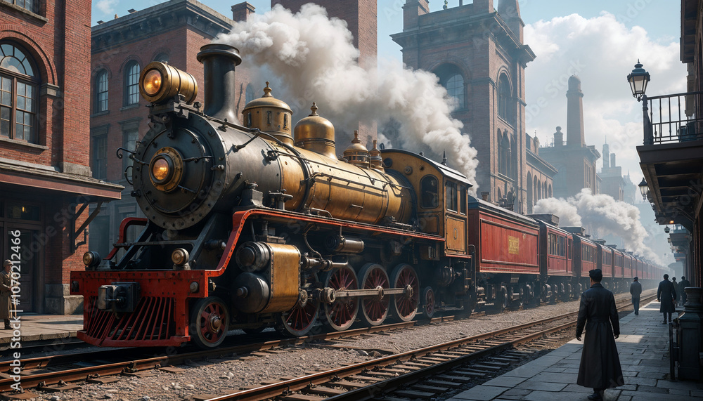 Fototapeta premium Vintage Steam Train in Historic Industrial Town. A classic steam locomotive travels through a historic industrial town, emphasizing the nostalgic charm of vintage transportation. Generated AI