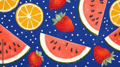 Watermelon, strawberry, and orange segments scattered on a bold cobalt blue background with tiny polka dots.