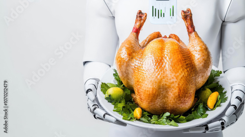 Thanksgiving Day and Digital, futuristic robot chef presents beautifully roasted turkey on platter, surrounded by fresh herbs and garnishes, showcasing innovation in holiday cooking