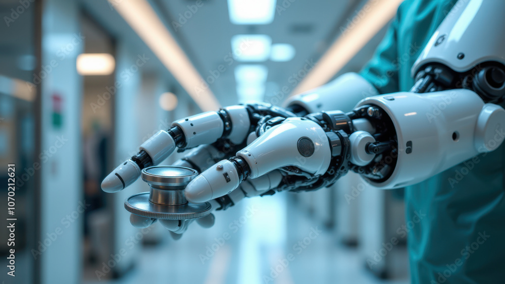 A robotic arm with a medical device attached to it within a hospital setting. A robotic arm with a medical device attached to it within a hospital setting.