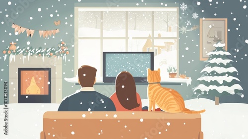 Back view of couple sitting on sofa watcing television in their house. Ginger cat watches snow falling from window. Cosy interior design with fireplace and tv screen. Flat design vector illustration. photo