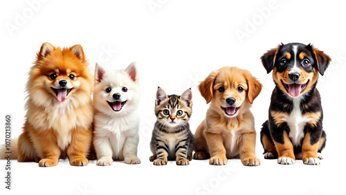 Adorable Pets in a Row: Cheerful Dogs and Cats for Pet Care Advertising or Animal Welfare Campaigns