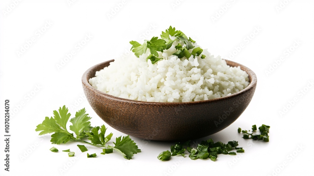 Bowl of Cooked White Rice with Cilantro and Parsley Garnish Bowl of Cooked White Rice with Cilantro and Parsley Garnish