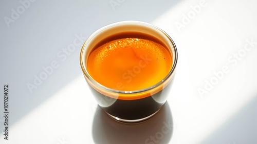 A cup of espresso with a rich crema, reflecting the light of the sun, creating a subtle yet sophisticated visual contrast against a stark white background. photo