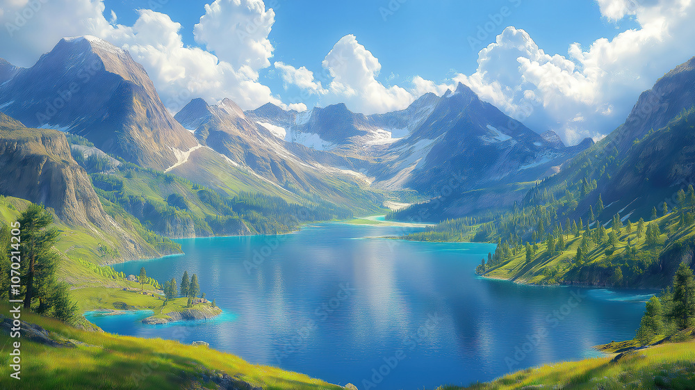 Fototapeta premium Idyllic Swiss mountain landscape with crystal-clear lake and towering peaks