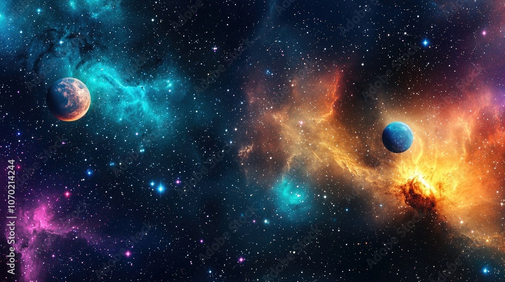 A stunning image of a deep space nebula with two planets and twinkling stars.