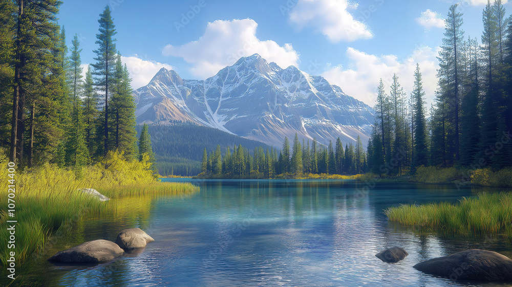 Naklejka premium Idyllic landscape of Banff National Park in Alberta, showcasing pristine lakes and towering mountain