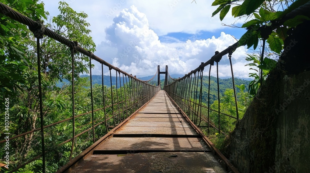 A suspension bridge stretches across a valley, leading to a lush green forest on the other side. A suspension bridge stretches across a valley, leading to a lush green forest on the other side.