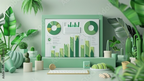 Financial sustainability dashboard in 3D featuring layered graphs, climate impact indicators, and growth charts with green themes on a white background