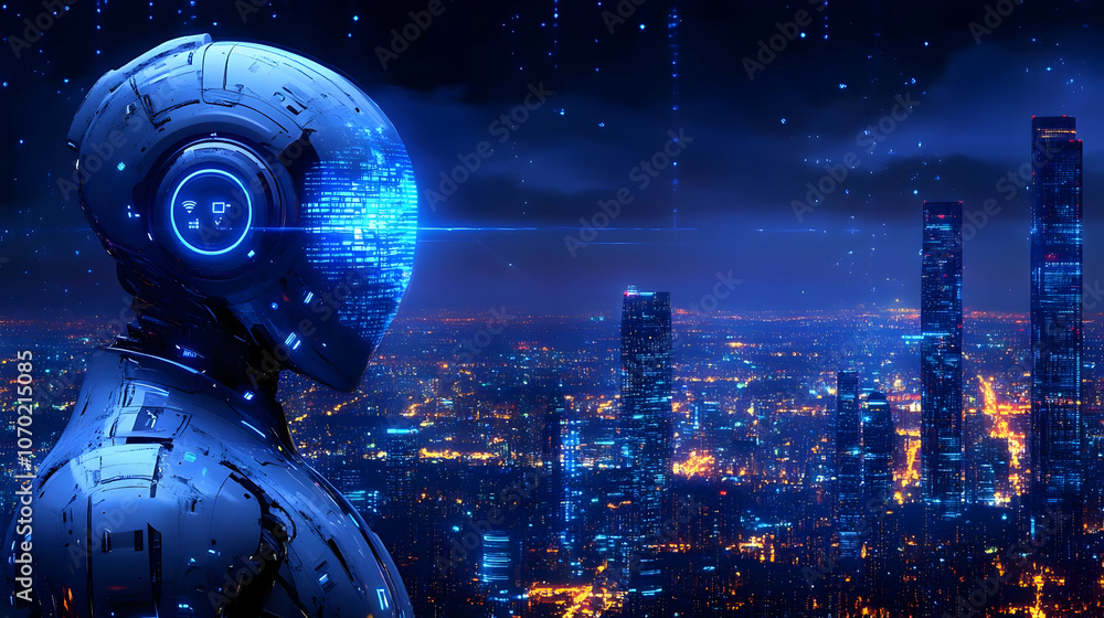 Futuristic Cityscape Illustration with Robot Futuristic Cityscape Illustration with Robot