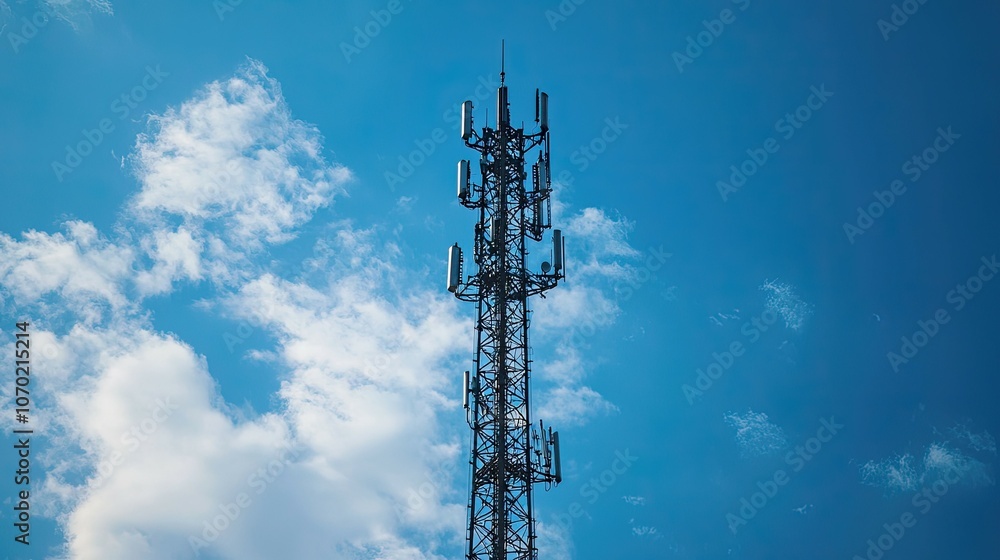 A tall cellular tower against a bright blue sky with white puffy clouds. A tall cellular tower against a bright blue sky with white puffy clouds.