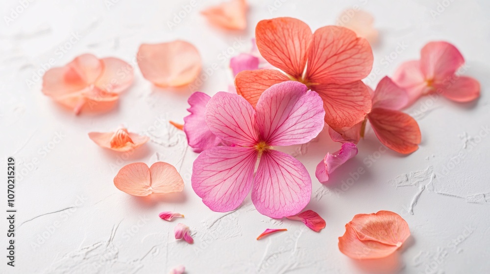 Pink and Coral Flowers on White Background - Delicate Floral Arrangement Pink and Coral Flowers on White Background - Delicate Floral Arrangement