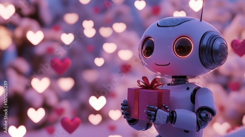 Cute robot holding a Valentines gift, surrounded by hearts and soft pink lighting, capturing a romantic holiday mood