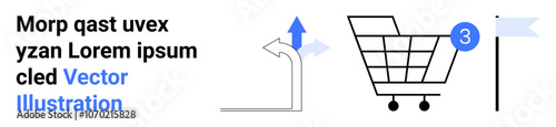 Text about vector illustration, curved arrow, shopping cart with number 3, flag. Ideal for e-commerce, online shopping guides, user journey mapping, digital marketing, customer experience, workflow