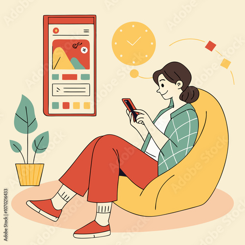 Girl sitting in bean bag chair using app and smiling. Vector illustration