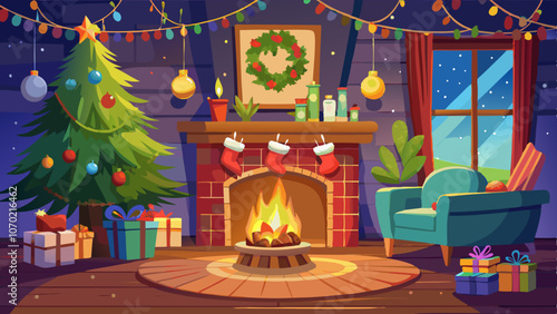 Christmas interior with a Christmas tree near the fireplace, gifts and snow outside. Vector illustration