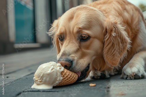 A playful scene of a dog licking a fallen ice cream cone on the sidewalk photo