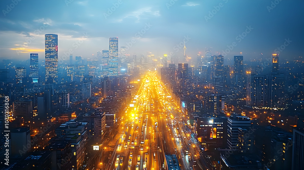 Fototapeta premium Night Cityscape with Illuminated Road and Skyscrapers - Photo