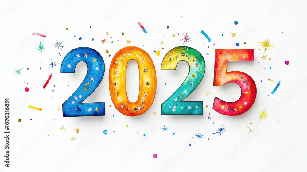 New Year 2025, Celebrate vibrant and colorful year 2025 with bold numbers surrounded by festive confetti and stars, creating joyful atmosphere for upcoming year New Year 2025, Celebrate vibrant and colorful year 2025 with bold numbers surrounded by festive confetti and stars, creating joyful atmosphere for upcoming year