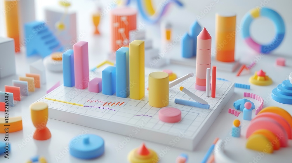 Monthly income projection model in 3D with color-coded bars, growth arrows, and total income indicators on a white background Monthly income projection model in 3D with color-coded bars, growth arrows, and total income indicators on a white background